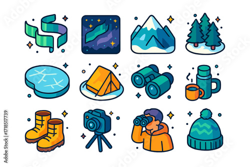 Aurora Borealis Icons. Colorful isometric vector icons set of aurora borealis elements: northern lights ribbons, starry night sky, snowy mountain, pine forest,