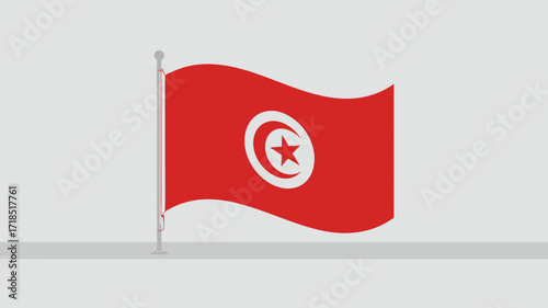 Tunisia Flag Waving on a Pole Against a Neutral Background with Soft Lighting