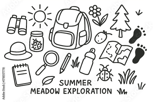 Summer Exploration Doodles. Hand-drawn doodle illustration summer meadow exploration backpack, binoculars, bug jar, notebook, pencil, hat, magnifying glass,