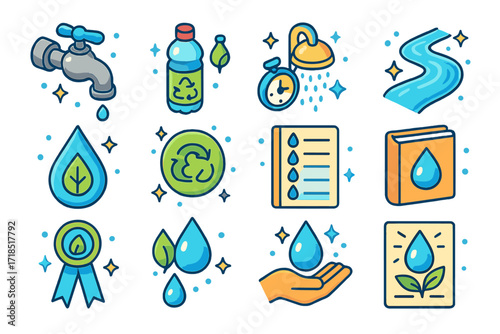 Isometric Water Conservation Icons. Colorful isometric vector icons set of water conservation and clarity awareness: dripping faucet, reused bottle, shower