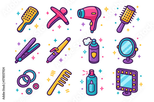 Hairstyle Tools Icon Set. Colorful isometric vector icons set of hairstyle step-by-step guide tools: hairbrush, sectioning clip, blow dryer, round brush,
