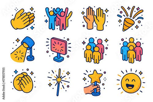 Colorful Applause Icons. Colorful isometric vector icons set of Applause: clapping hands, cheering crowd, raised hands, confetti explosion, stage spotlight,