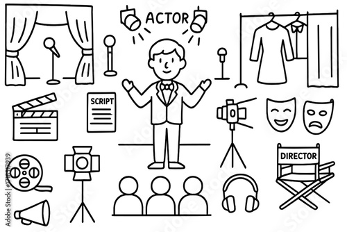 Theatrical Doodle Icons. Hand-drawn doodle illustration Actor under lights Spotlight, stage, microphone, clapperboard, script, camera, costume rack, mask,