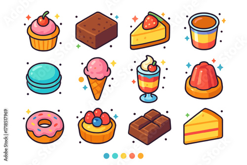 Colorful Dessert Icons. Desserts. Colorful isometric vector icons set of desserts: cupcake, brownie, cheesecake slice, pudding cup, macaron, ice cream scoop,
