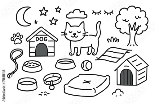Outdoor Pets at Night. Hand-drawn doodle illustration outdoor pets at night doghouse, cat in yard, moon, stars, food bowl, water dish, paw prints, leash,