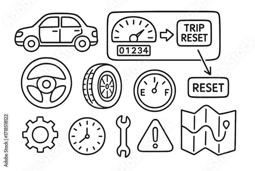 Vehicle Trip Reset Doodles. Hand-drawn doodle illustration [Vehicle trip reset concept] [car, dashboard, odometer, button, arrow, speedometer, steering wheel,