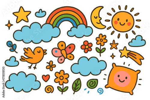 Floating Cloud Doodles. Colorful Hand-drawn doodle Children illustration Floating in the Clouds [clouds, rainbow, star, moon, sun, bird, butterfly, flower,