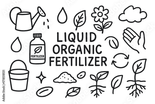Organic Fertilizer Icons. Hand-drawn doodle illustration Liquid organic fertilizer [watering can, droplet, fertilizer bottle, bucket, leaf, sprout, flower,