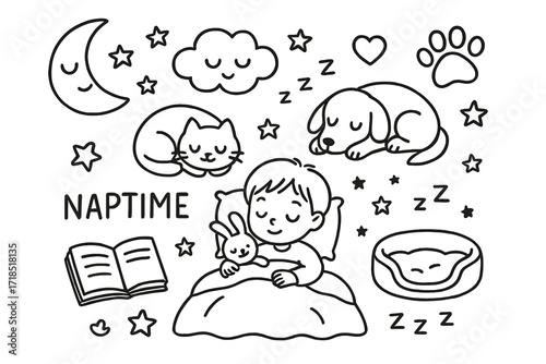 Naptime with Pets. Hand-drawn doodle illustration Naptime with pets child, blanket, sleeping cat, sleeping dog, cushion, soft toy, moon icon, stars, pet bed,