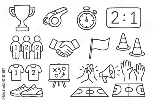 Sports Competition Icons. Hand-drawn doodle illustration team sports competition trophy, whistle, stopwatch, scoreboard, two teams, handshake, flag, cones,