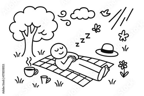 Nature Afternoon Nap. Hand-drawn doodle illustration Afternoon rest in nature [tree shade, person lying down, breeze swirl, cloud, bird, blanket, butterfly,
