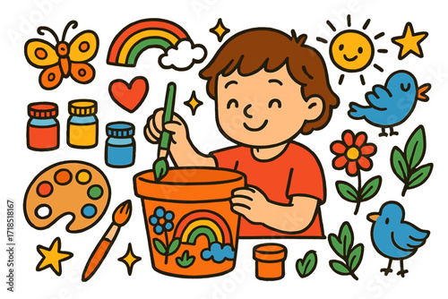 Joyful Pot Painting. Colorful Hand-drawn doodle Children illustration Creative Pot Painting clay pots, paint jars, smiling child, rainbow, butterfly, flower,