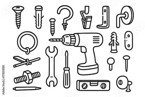 Curtain Hardware Sketch. Hand-drawn doodle illustration [curtain tie hardware] screw, anchor, metal hook, curtain clip, circular ring, bracket, wall plug,