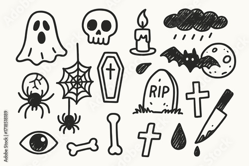 Horror Doodle Elements. Hand-drawn doodle illustration horror genre ghost, skull, candle, bat, spider, web, coffin, gravestone, cross, knife, blood drop, dark