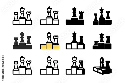 Strategic Chess Icons. Set Logo of Chess sections for strategic thinking: Tournament podium with chess symbols. Logo set in vector style, emblematic