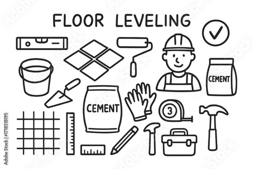 Floor Leveling Icons. Hand-drawn doodle illustration Floor leveling [spirit level, floor tiles, roller, bucket, trowel, cement bag, gloves, measuring tape,