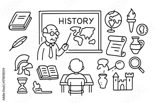Interactive History Chalkboard. Hand-drawn doodle illustration interactive history class chalkboard, teacher figure, student desk, book, map, globe, quill,