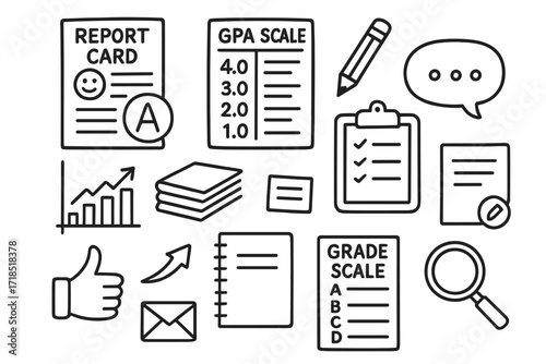 Student Report Icons. Hand-drawn doodle illustration student report card report card, GPA scale, red circle, pencil, graph, comment bubble, paper stack,