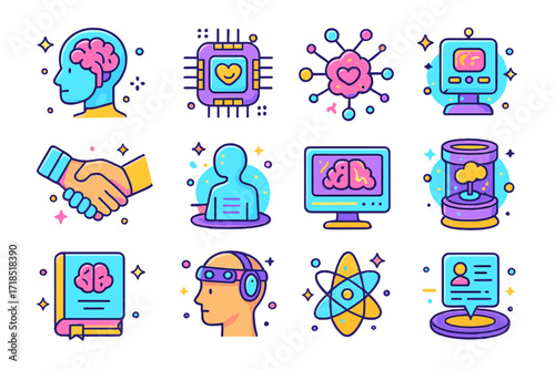 Synthetic Consciousness Icons. Colorful isometric vector icons set of synthetic consciousness and humanity: humanoid AI brain, emotion-simulating chip, empathy