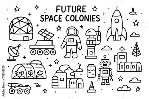 Space Colony Doodles. Future space colonies. Hand-drawn doodle illustration future space colonies dome habitat, solar panels, greenhouse, rover, satellite