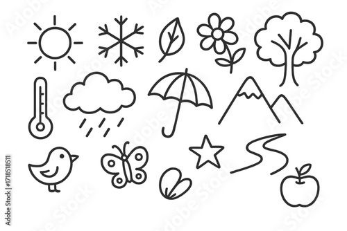 Seasonal Doodle Icons. Hand-drawn doodle illustration Northern Hemisphere seasons sun, snowflake, leaf, flower, tree, thermometer, cloud, rain, umbrella,