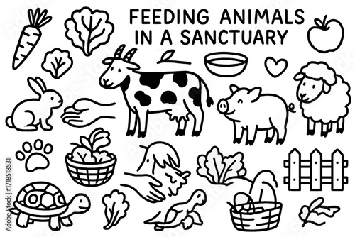 Animal Sanctuary Doodles. Hand-drawn doodle illustration feeding animals in a sanctuary carrot, lettuce, apple, bowl, goat, cow, rabbit, turtle, pig, sheep,