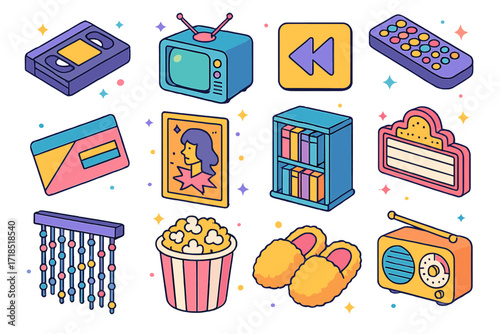 Nostalgic Movie Icons. Colorful isometric vector icons set of nostalgic movie night elements: VHS tape, old tube TV, rewind button, remote with big buttons,
