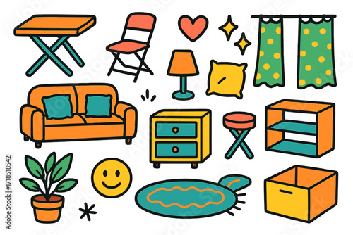 Colorful Doodle Furniture. Colorful Hand-drawn doodle Children illustration Foldable living furniture folding table, foldable chair, compact sofa, heart,