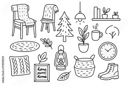 Scandinavian Style Doodle. Hand-drawn doodle illustration [Scandinavian style decor] [wooden chair, wool blanket, pine tree, neutral rug, plant, lantern, knit