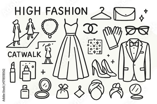 Fashion Doodle Icons. Hand-drawn doodle illustration High Fashion gown, clutch bag, heels, catwalk, designer glasses, hanger, gold necklace, sequin pattern,