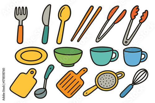 Colorful Kitchen Utensils. Utensils. Colorful Hand-drawn doodle Children illustration Utensils fork, knife, spoon, ladle, spatula, chopsticks, tongs, plate,