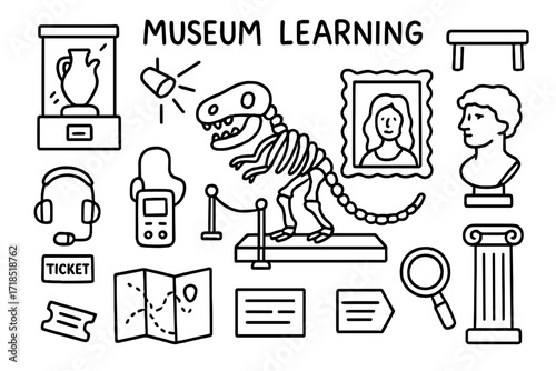 Museum Learning Doodles. Museum learning. Hand-drawn doodle illustration museum learning exhibit case, dinosaur skeleton, artifact, painting frame, sculpture,