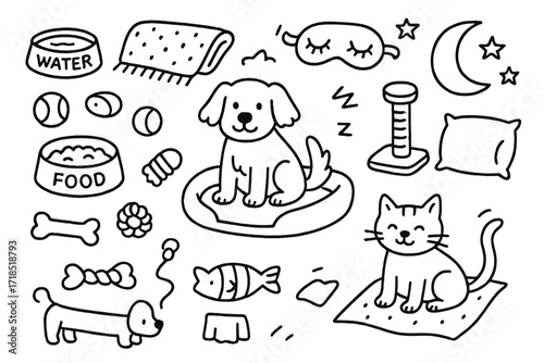 Pet Bedtime Doodle. Hand-drawn doodle illustration getting pets ready for bed pet bed, blanket, dog, cat, water bowl, food bowl, toy ball, chew toy, scratching