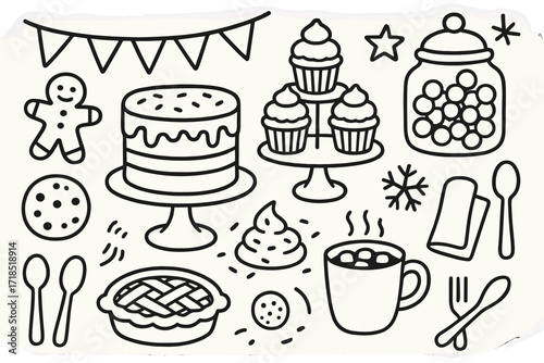 Dessert Table Sketch. Hand-drawn doodle illustration Dessert table setup [cake stand, cookies, cupcake tower, candy jar, holiday banner, hot cocoa mug, spoon,