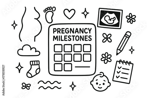Pregnancy Milestone Icons. Hand-drawn doodle illustration Pregnancy milestones calendar, belly, foot icon, heart, baby scan, notebook, pencil, cloud, tiny