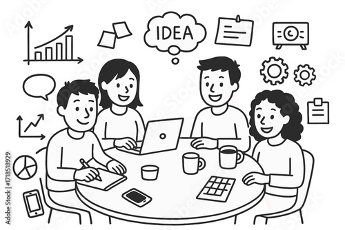 Startup Meeting Doodles. Hand-drawn doodle illustration [friends in a startup meeting] [round table, laptop, notebook, pen, coffee cup, sticky notes,