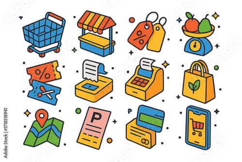 Colorful Shopping Icons. Colorful isometric vector icons set of Market Shopping Day: shopping cart, market stall, price tags, scales with produce, coupons,