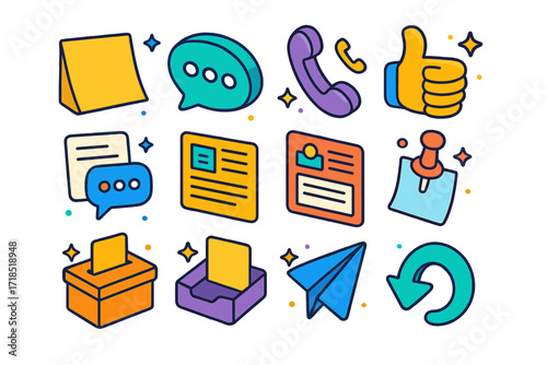 Office Communication Icons. Colorful isometric vector icons set of Office team communication: sticky note, office chat bubble, intercom phone, emoji thumbs up,
