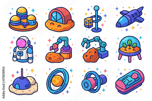 Future Space Icons. Future Space. Colorful isometric vector icons set of future space: space colony, Mars habitat, space elevator, interstellar ship, AI