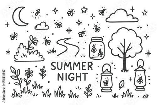 Summer Night Doodle. Hand-drawn doodle illustration Summer night with fireflies [firefly, glowing dot, moon, star, cloud, bush, flower, tree, grass, jar,
