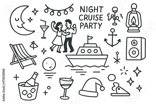 Night Cruise Party. Hand-drawn doodle illustration Travel Essentials backpack, map, passport, ticket, water bottle, shoes, camera, charger, headphones, hat,