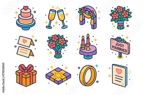 Wedding Icons Set. Colorful isometric vector icons set of Wedding Party Icons: wedding cake, champagne glasses, wedding arch, floral centerpiece, place cards,