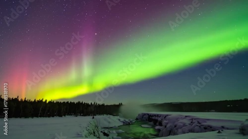 Wallpaper Mural Magnificent Aurora Borealis Display Over Snow Covered Landscape with Vibrant Green and Pink Colors and Distant Trees Under Starry Night Sky Torontodigital.ca