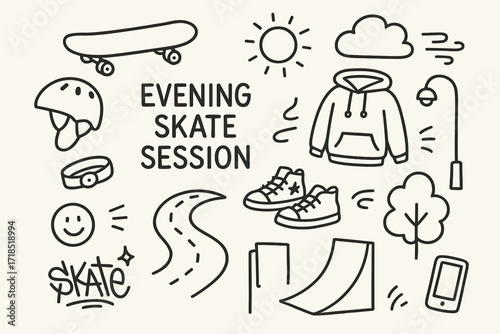 Evening Skate Adventure. Hand-drawn doodle illustration Evening skate session skateboard, helmet, sun icon, cloud, hoodie, sneakers, wristband, curved road,