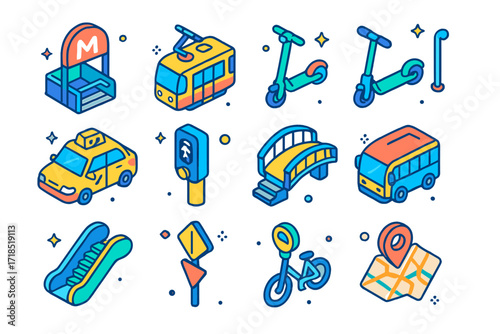 City Transport Icons. Colorful isometric vector icons set of City Transportation Views: subway entrance, tram, electric scooter, taxi cab, crosswalk button,