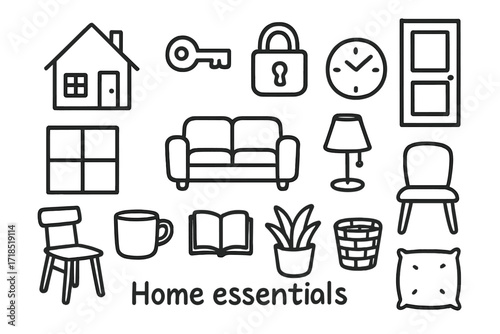 Home Essentials Doodle. Hand-drawn doodle illustration Home essentials [house, key, lock, door, window, bed, sofa, lamp, clock, chair, mug, book, plant,