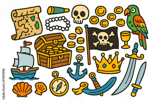 Pirate Treasure Doodles. Colorful Hand-drawn doodle Children illustration pirate treasures treasure chest, golden coins, pearl necklace, old map, spyglass,