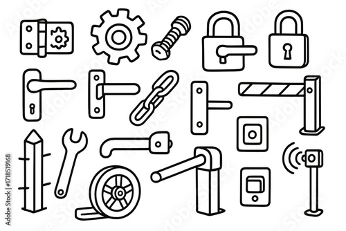 Factory Gate Doodle. Hand-drawn doodle illustration [Factory gate mechanisms] [hinge, gear, bolt, lock, padlock, handle, latch, chain, support beam, fence