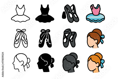 Classical Ballet Icons. Icon Set of Classical Ballet Influence: Tutu dress, Ballet slippers, Ribboned bun. Icons set in vector style, emblematic variations.