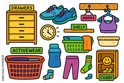 Vibrant Fitness Organization Icons. Colorful Hand-drawn doodle Children illustration Fitness Closet Organization drawer, gym shoes, activewear, hooks, hangers,